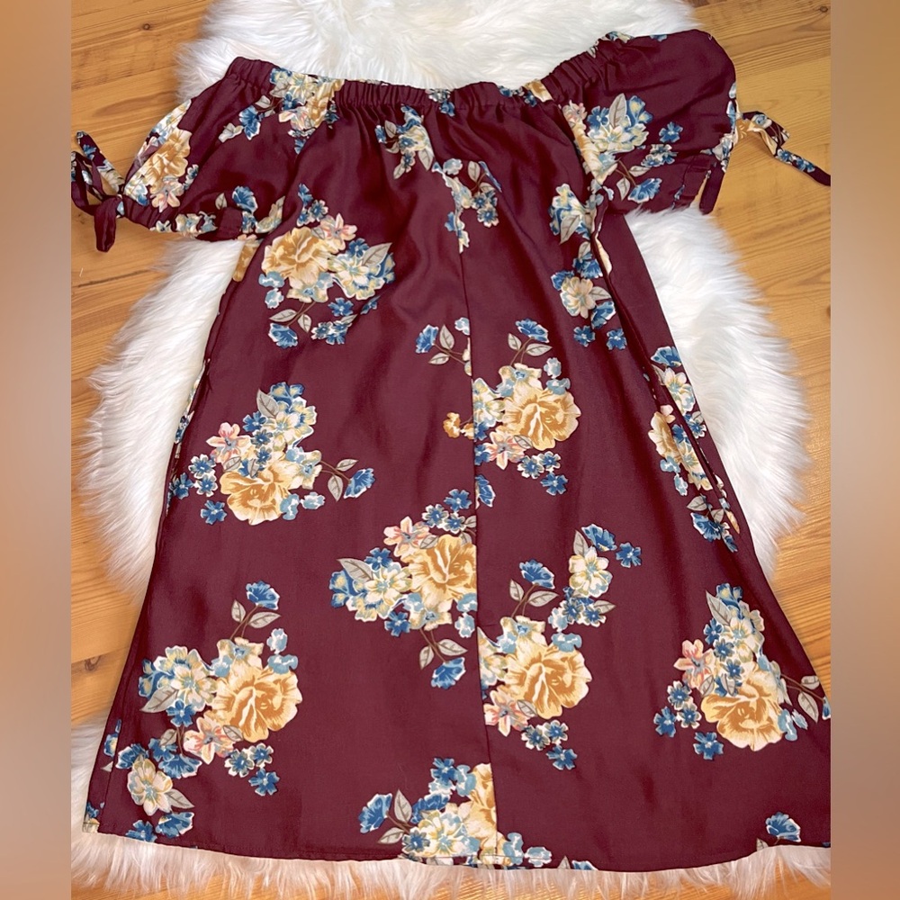 Xhiliration Maroon Floral Off the Shoulder Midi Dress Size Medium - Picture 6 of 6